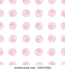 Seamless floral pattern with abstract stylized magenta roses silhouette, vector pattern on a white backgrond.