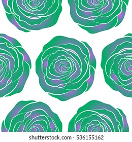 Seamless floral pattern with abstract stylized green and violet roses, vector pattern on a white backgrond.