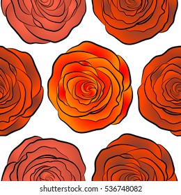 Seamless floral pattern with abstract stylized brown, orange and red roses, vector pattern on a white backgrond.