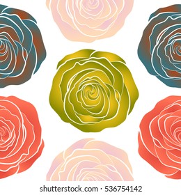 Seamless floral pattern with abstract stylized yellow, neutral and orange roses, vector pattern on a white backgrond.