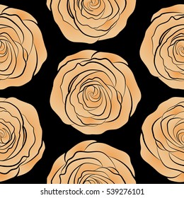 Seamless floral pattern with abstract stylized orange and beige roses, vector pattern on a black backgrond.
