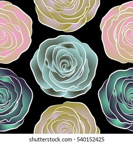Seamless floral pattern with abstract stylized violet, yellow and green roses, vector pattern on a black backgrond.