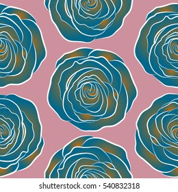 Seamless floral pattern with abstract stylized neutral, blue and orange roses, vector pattern.