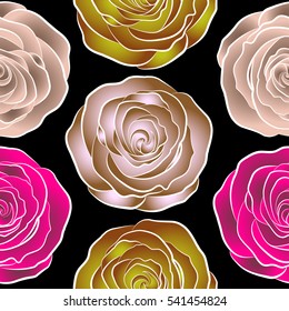 Seamless floral pattern with abstract stylized brown, purple and yellow roses, vector pattern on a black backgrond.