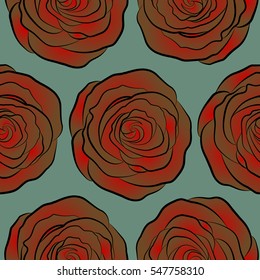 Seamless floral pattern with abstract stylized green, brown and red roses, vector pattern.