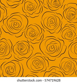 Seamless floral pattern with abstract stylized monochrome roses, vector pattern on a yellow backgrond.