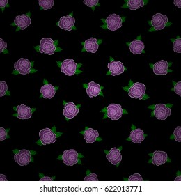 Seamless floral pattern with abstract stylized violet roses, vector pattern on a black backgrond.