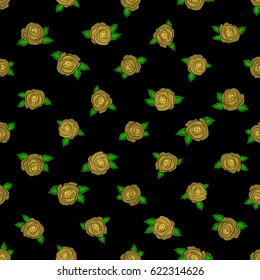 Seamless floral pattern with abstract stylized yellow roses, vector pattern on a black backgrond.
