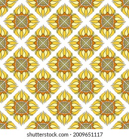 Seamless floral pattern of abstract sunflowers. Yellow with orange flowers on a white background. Great for decorating fabrics, textiles, gift wrapping, printed matter, interiors, advertising.