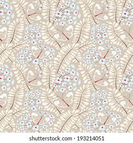 Seamless floral pattern. Abstract texture with blue flowers, leaves and butterflies. Vector background.