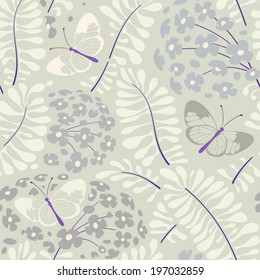 Seamless floral pattern. Abstract texture with flowers, leaves and butterflies. Vector background. 