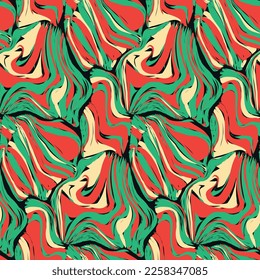 Seamless floral pattern, abstract texture with psychedelic retro motif. Stained green and red paint on a black surface. Layered background with flowing striped shapes. Vector illustration.