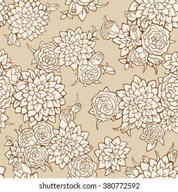 Seamless floral pattern. Abstract texture with roses and leaves. Vector monochrome background.
