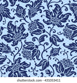 Seamless floral pattern. Abstract texture with flowers and leaves. Vector blue background.