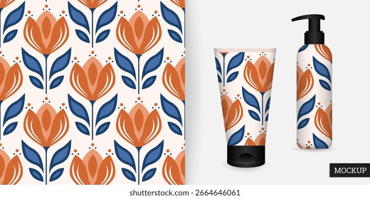 Patrón floral sin fisuras con tulipanes abstractos en terracota y azul. Folk y estilo escandinavo. Ilustración vectorial. Diseño para textiles, Fondos de pantalla, envases y fondos digitales. Maqueta.