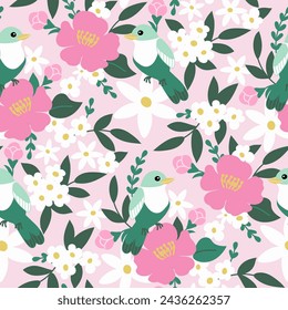 Seamless floral pattern. Abstract vector illustration with blooms and birds. Flat vector illustration in pink and green palette