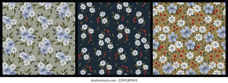 Seamless floral pattern, abstract vintage ditsy print in autumn, winter colors. Collection of elegant botanical design from small hand drawn flowers, tiny leaves, branches. Vector flower pattern.