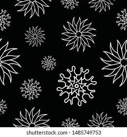 Seamless floral pattern abstract white flowers black background repeat endless textile texture 