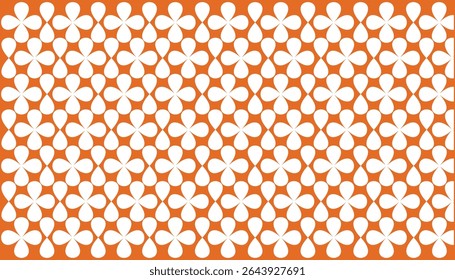 Seamless floral pattern with abstract white clover-like petals on an orange background, perfect for textile prints and wallpapers.
