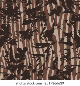 seamless floral pattern with abstract zebra, wild tiger, leopard skin background elements in brown and black beige  colors