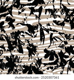seamless floral pattern with abstract zebra, wild tiger, leopard skin background elements in brown and black beige  colors