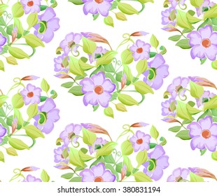 Seamless floral pattern with adenium, watercolor imitation. Vector illustration. Lilac flowers and light green leaves in heart.