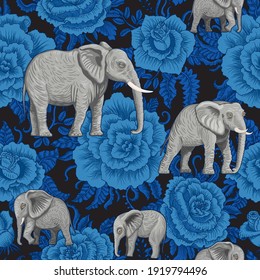 Seamless floral pattern with African elephants, decorative dark indigo blue  rose flowers on a black background. Wallpaper, batik, boho textile print, chintz décor