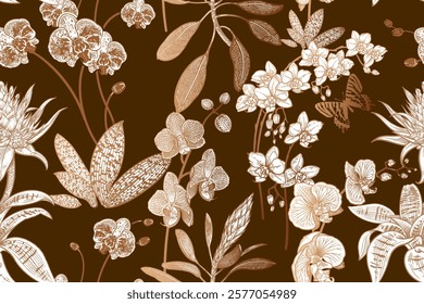 Seamless floral pattern. Aloha style. Exotic flowers and butterflies on brown background. Beautiful orchids garden. Vintage. Vector illustration. Template for textiles, wallpaper, paper.