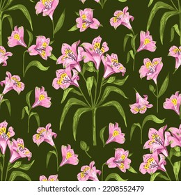 Seamless floral pattern with Alstroemeria. Vector flowers on the green background for design, wallpaper, textile