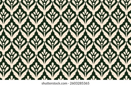 seamless floral pattern with alternating rows of stylized leaf and flower shapes in white against a dark green background, for textile, wallpaper, gift wrapping.