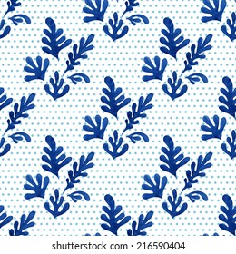 Seamless floral pattern, amazing blue plant and small blue circles on a white background.