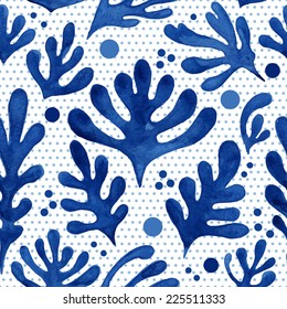 Seamless floral pattern, amazing blue plant and circles on a white background. 