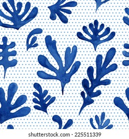Seamless floral pattern, amazing blue plant and circles on a white background. 