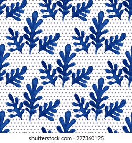 Seamless floral pattern, amazing blue plant and small circles on a white background. 