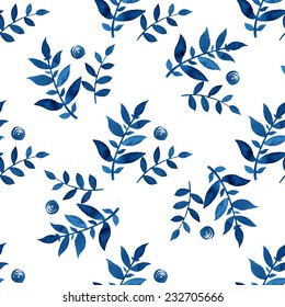 Seamless floral pattern, amazing blue plant, twigs and blue circles on a white background.