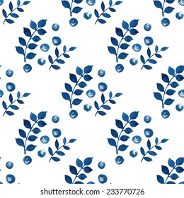 Seamless floral pattern, amazing blue plant, twigs and blue circles on a white background, watercolor, ink. 