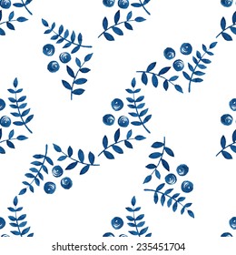 Seamless floral pattern, amazing blue plant, twigs and blue circles on a white background. 