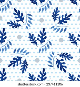 Seamless floral pattern, amazing blue plant and circles on a white background. 