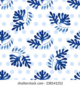 Seamless floral pattern, amazing blue plant and circles on a white background. 