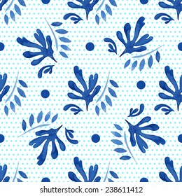 Seamless floral pattern, amazing blue plant and small circles on a white background. 