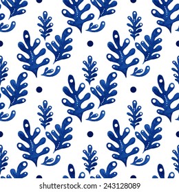 Seamless floral pattern, amazing blue plant and circles on a white background. 