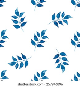 Seamless floral pattern, amazing blue plant and twigs on a white background, watercolor, ink. 