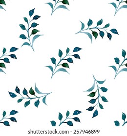 Seamless floral pattern, amazing blue plant and twigs on a white background, watercolor, ink. 