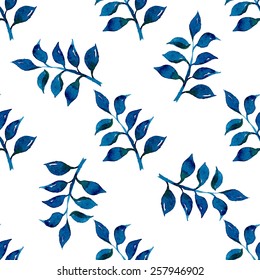 Seamless floral pattern, amazing blue plant and twigs on a white background, watercolor, ink. 