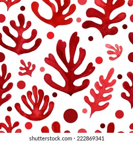 Seamless floral pattern, amazing red plant and circles on a white background. 