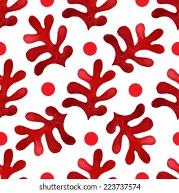 Seamless floral pattern, amazing red plant and circles on a white background. 