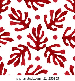 Seamless floral pattern, amazing red plant and circles on a white background.