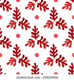 Seamless floral pattern, amazing red plant and small circles on a white background. 