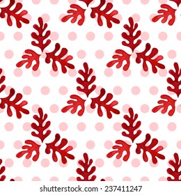 Seamless floral pattern, amazing red plant and small circles on a white background. 