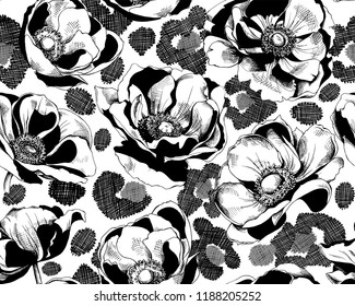 Seamless floral pattern. Anemone flowers and decorative blots of leopard skin. Textile composition, hand drawn style print. Vector black and white illustration.